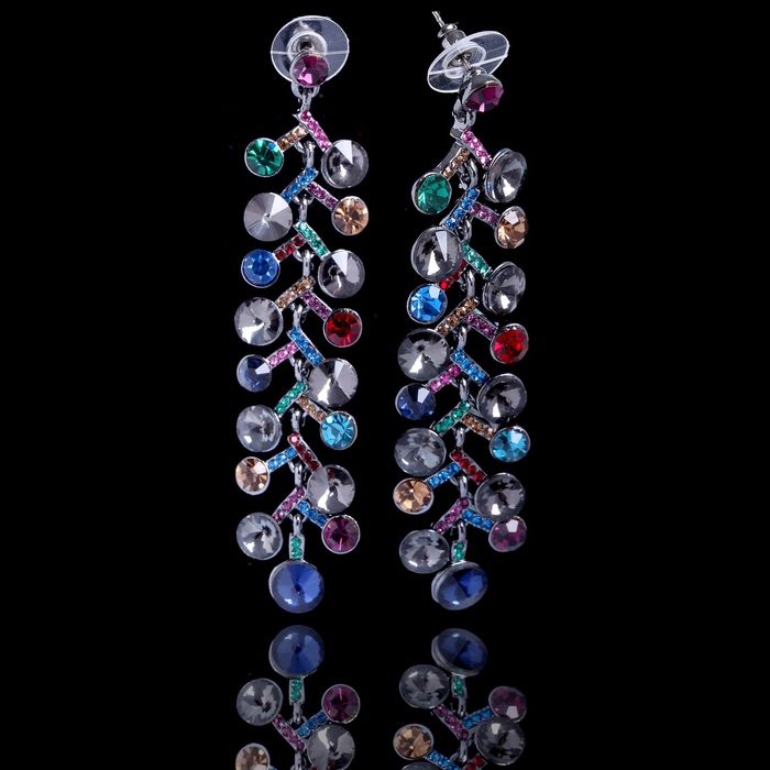 Серьги висячие со стразами "Круги" веточка, цветные в сером металле