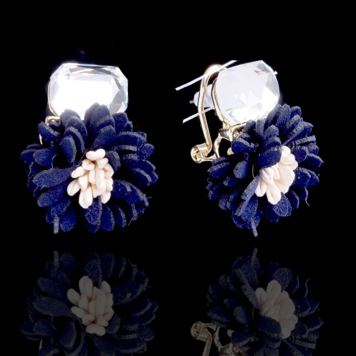 Серьги ассорти "Цветок" пышный, цвет сине-молочный в золоте