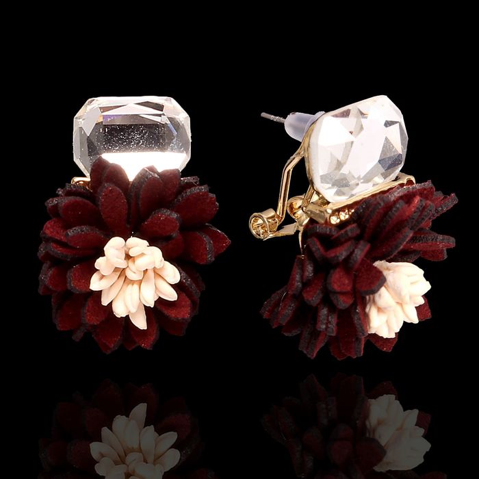 Серьги ассорти "Цветок" пышный, цвет бордово-молочный в золоте