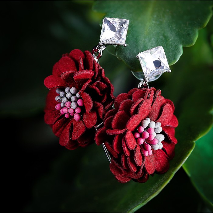 Серьги ассорти "Цветок" нежный, цвет бордовый в серебре