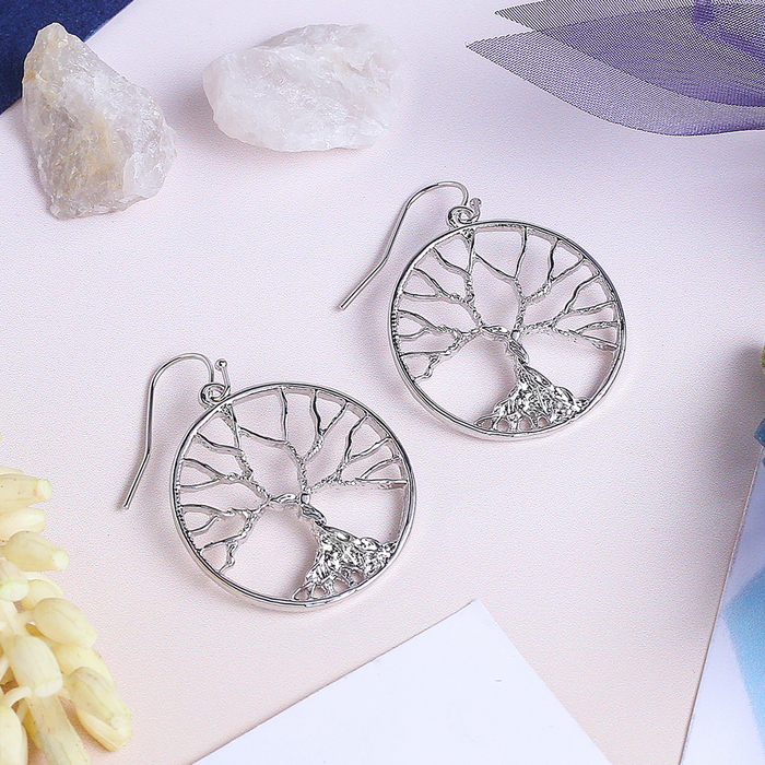 Серьги металл "Круг" дерево осеннее, цвет серебро