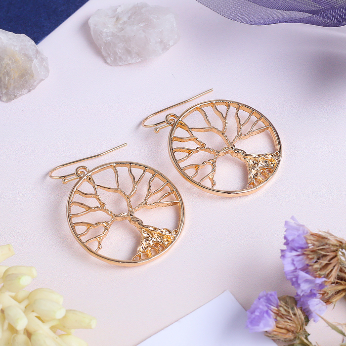 Серьги металл "Круг" дерево осеннее, цвет золото