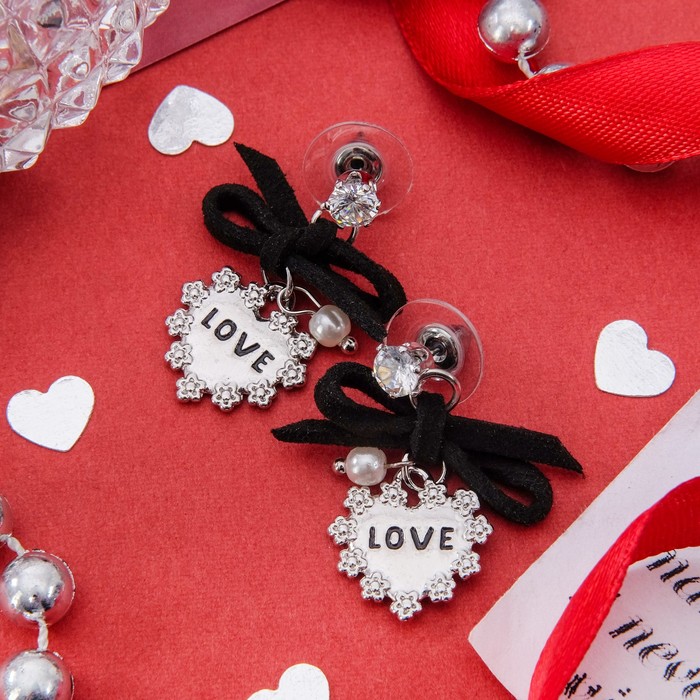 Серьги ассорти "Сердце" с бантиком, цвет бело-чёрный в серебре