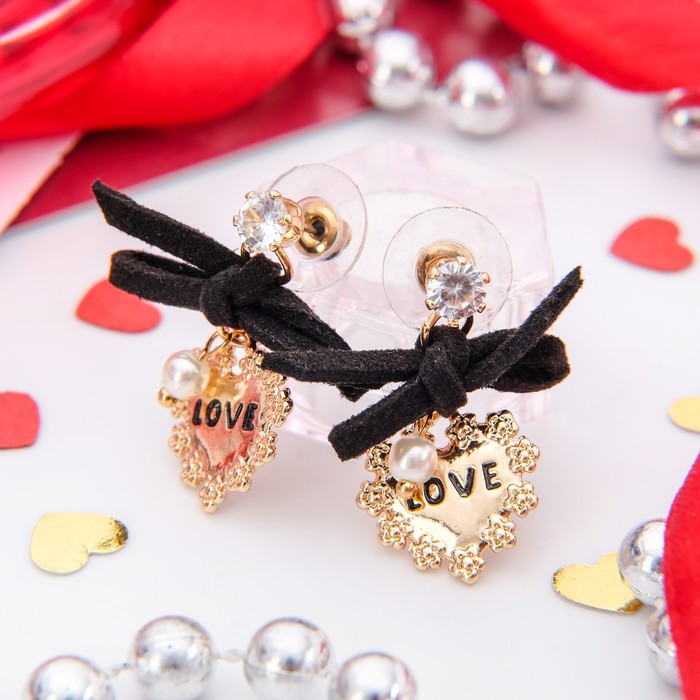 Серьги ассорти "Сердце" с бантиком, цвет бело-чёрный в золоте