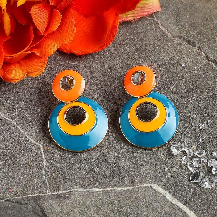 Серьги эмаль "Круг" трио, цветные в золоте