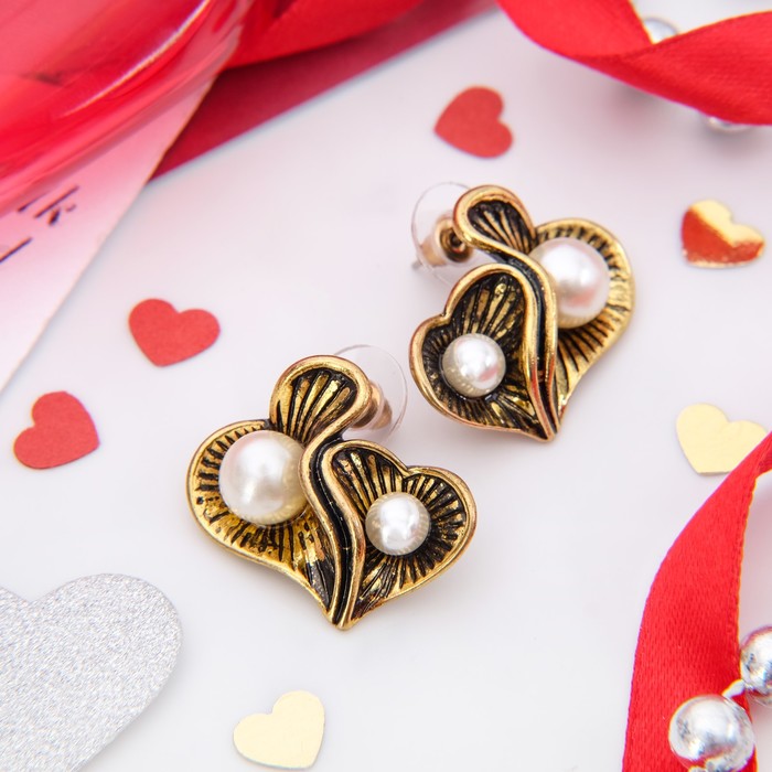 Серьги с жемчугом "Сердце" дары моря, цвет белый в чернёном золоте
