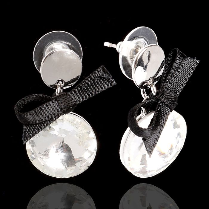 Серьги ассорти "Круг" с бантом, цвет бело-чёрный в серебре