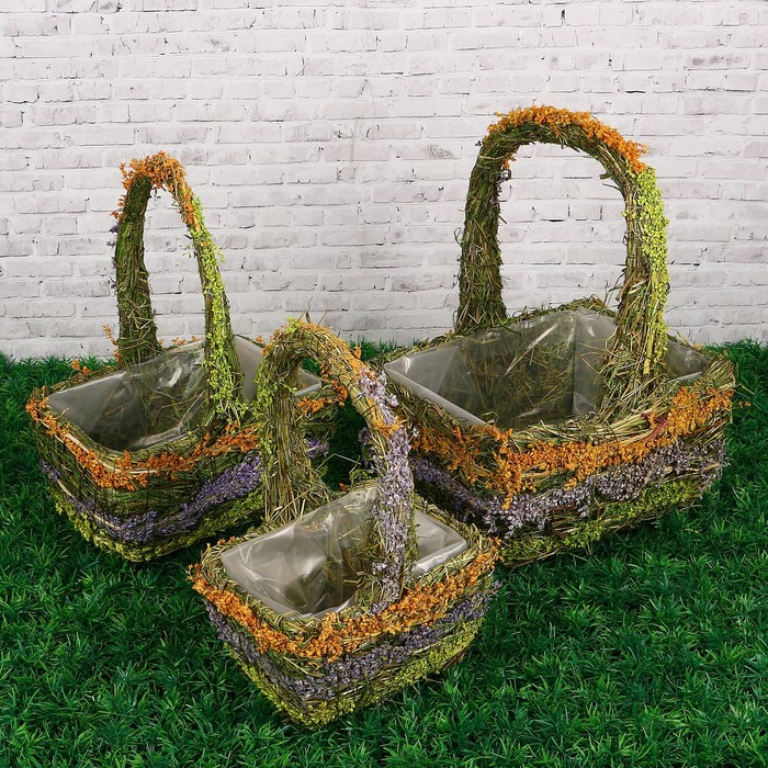 Набор корзин, 3 шт: с натуральным декором, 24х18х12/32 см, 21х15х10/28 см, 17х12х9/24 см