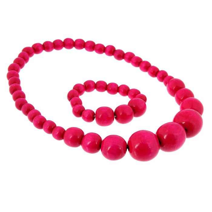 Бусы деревянные "Нарастающие" с браслетом, ярко-розовые
