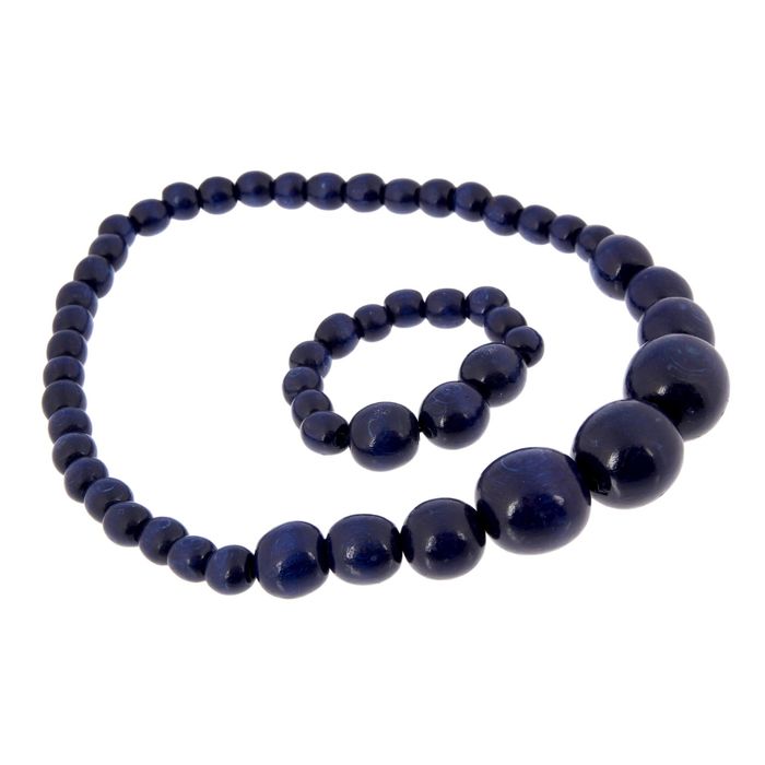 Бусы деревянные "Нарастающие" с браслетом, тёмно-синие