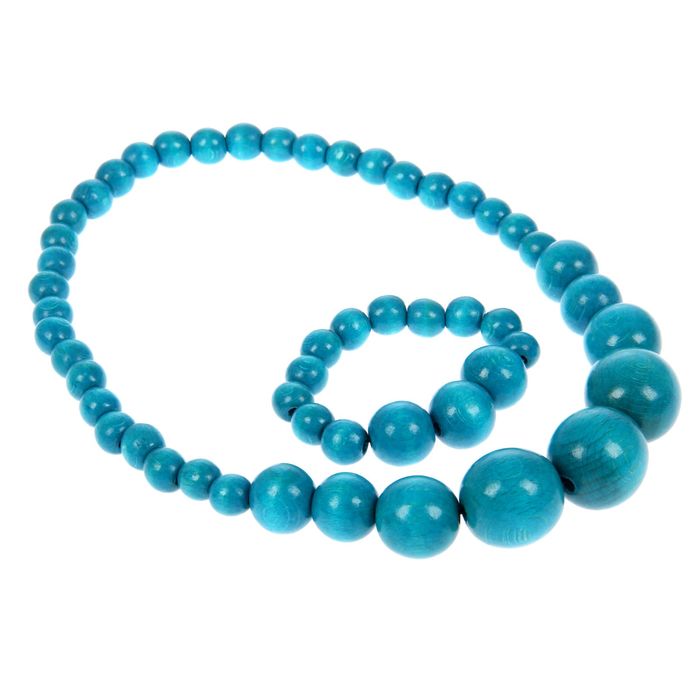 Бусы деревянные "Нарастающие" с браслетом, синие