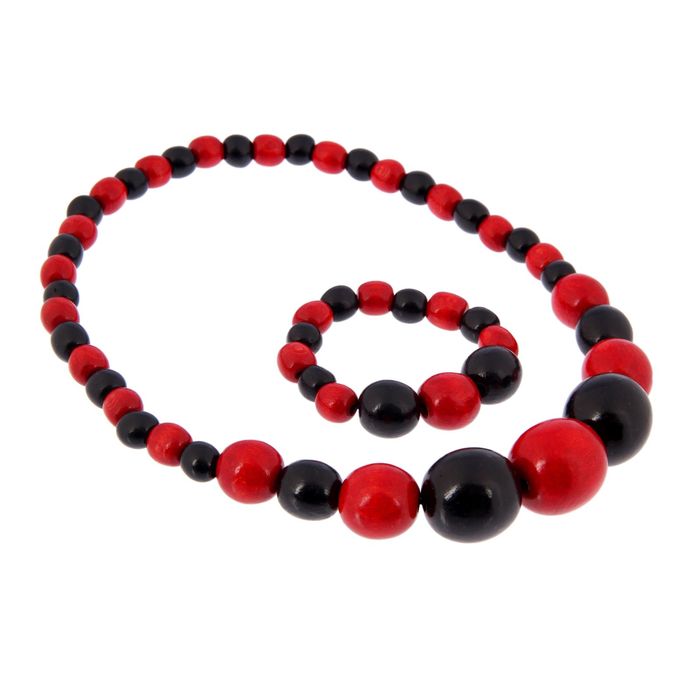 Бусы деревянные "Нарастающие" с браслетом, красный-чёрный