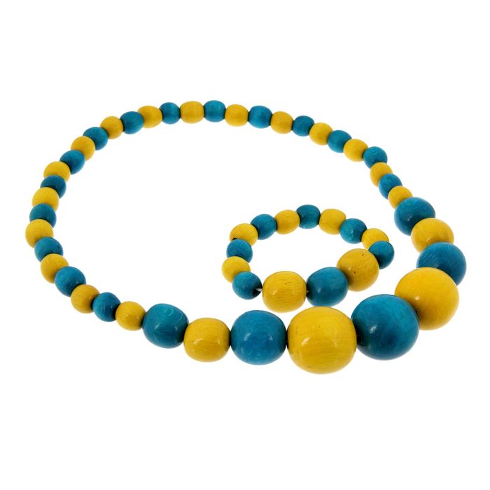Бусы деревянные "Нарастающие" с браслетом, жёлтый-синий