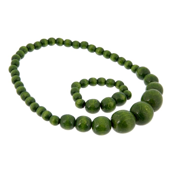 Бусы деревянные "Нарастающие" с браслетом, зелёные
