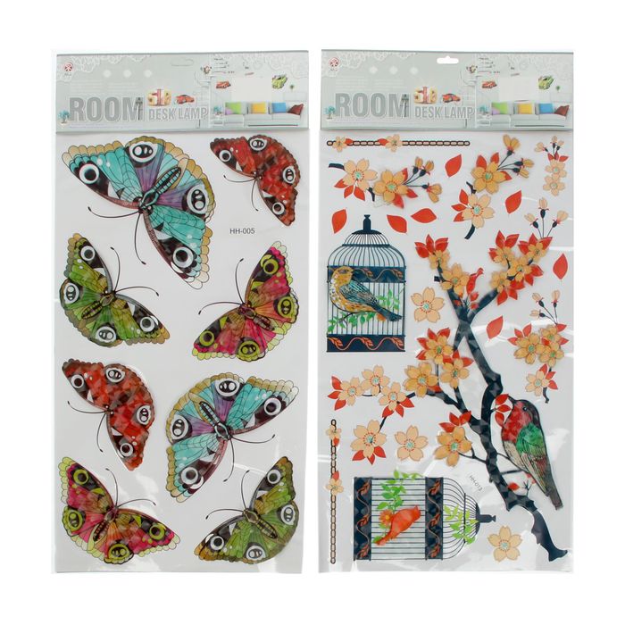 Наклейка интерьерная пластик "Бабочки/Птицы в клетке" МИКС 64х31,5 см