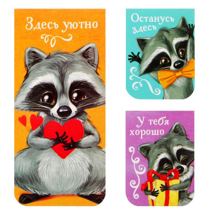 Набор магнитных закладок 3 штуки "Веселый енот любит читать"