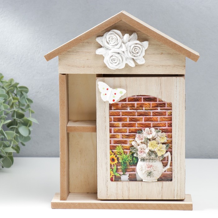 Ключница дерево 4 крючка "Фиалки в горшочке" 26,5х19х6 см