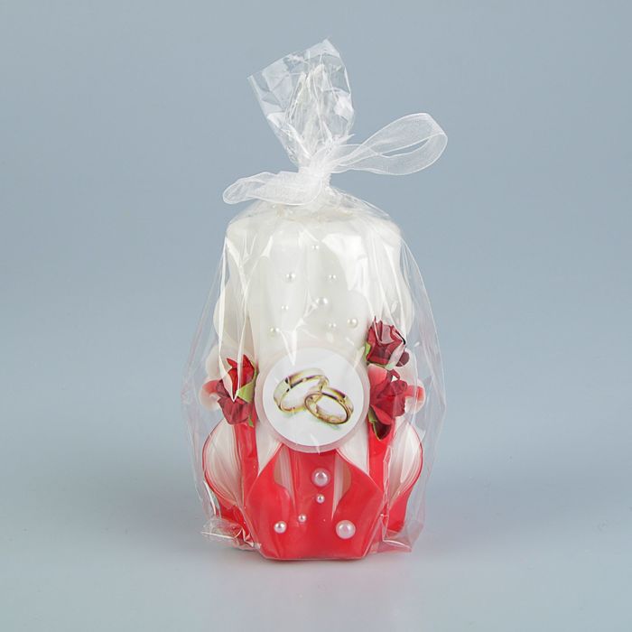 Свеча резная 10-11см"Свадебная с жемчугом" Бело-красная