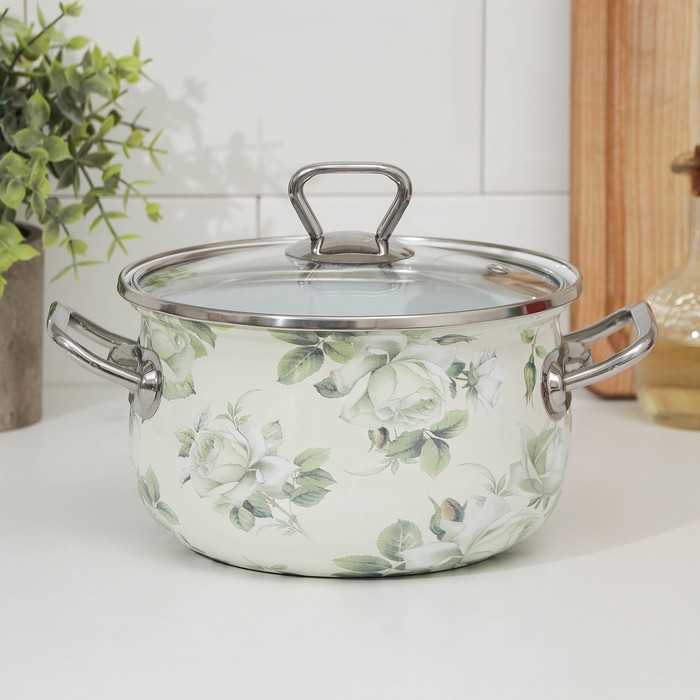 Кастрюля 2,1 л "Белая роза", стеклянная крышка
