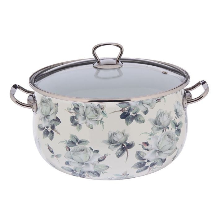 Кастрюля 5,7 л "Белая роза", со стеклянной крышкой