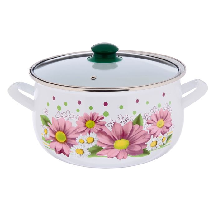 Кастрюля 5,7 л "Розовые герберы", стеклянная крышка