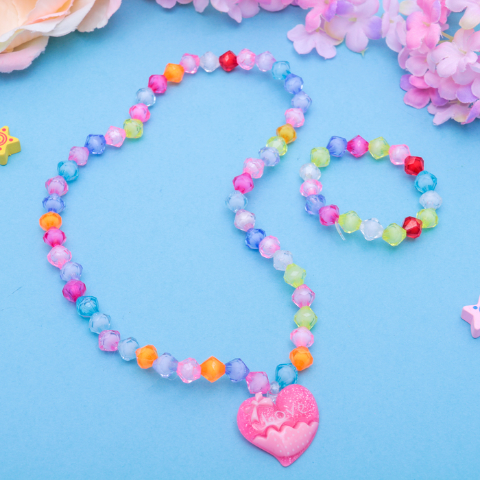 Набор детский "Выбражулька" 2 предмета: кулон, браслет, сердечко с бусинами, цвет МИКС