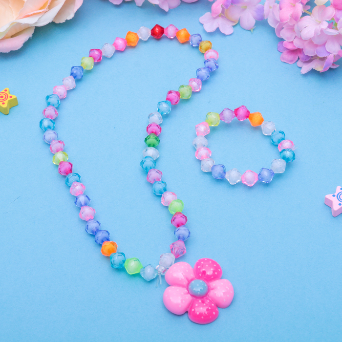 Набор детский "Выбражулька" 2 предмета: кулон, браслет, цветочек с бусинами, цвет МИКС