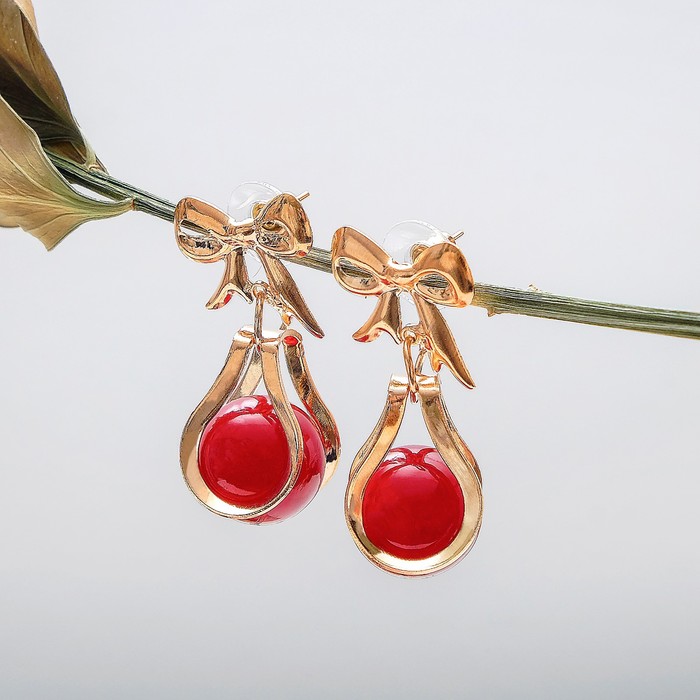 Серьги ассорти "Шар" с бантиком, цвет красный в золоте