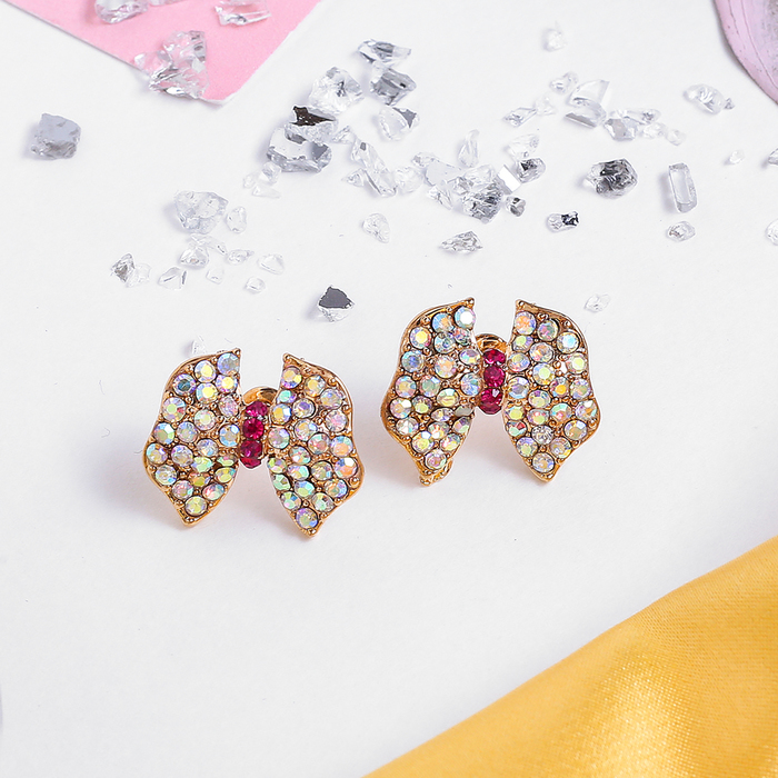 Серьги со стразами "Бантики", цвет радужно-розовый в золоте