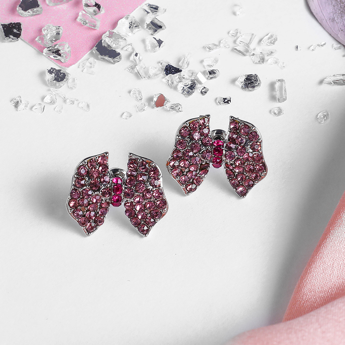 Серьги со стразами "Бантики", цвет сиренево-розовый в серебре