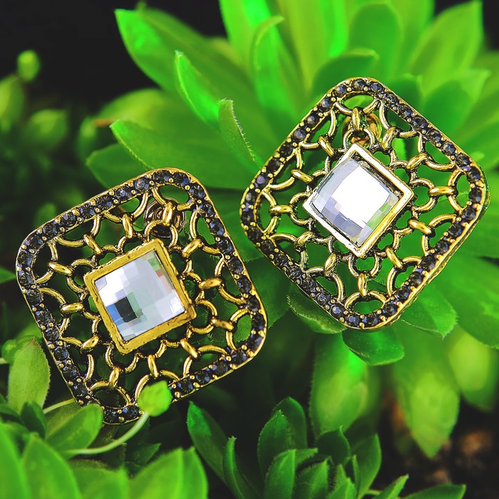 Серьги со стразами "Ромб" узоры, цвет белый в чернёном золоте