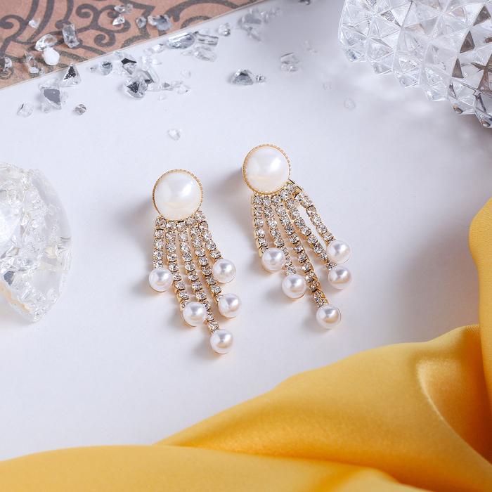 Серьги с жемчугом "Круг" дождик, цвет белый в золоте