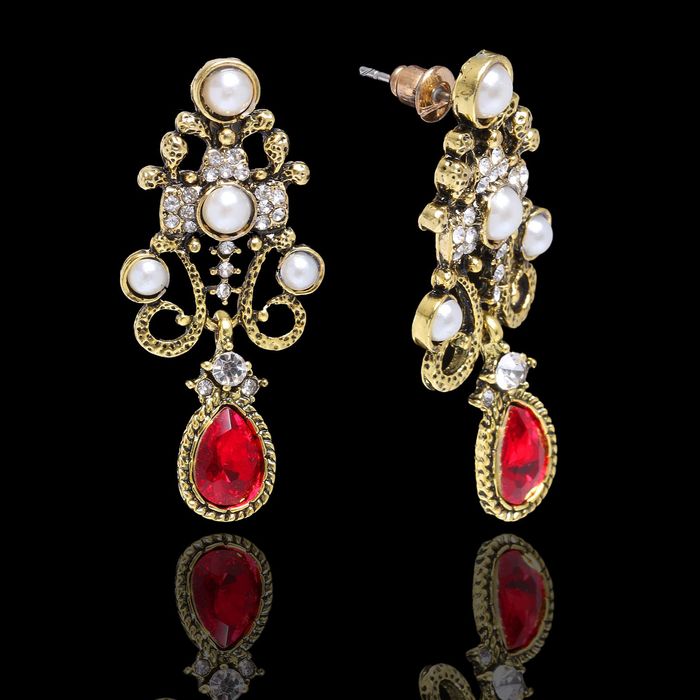 Серьги с жемчугом "Капля" красота востока, цвет бело-красный в чернёном золоте
