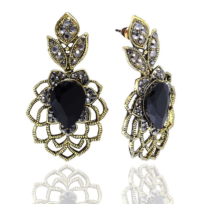 Серьги со стразами "Капля" узорчатая, цвет серо-чёрный в чернёном золоте