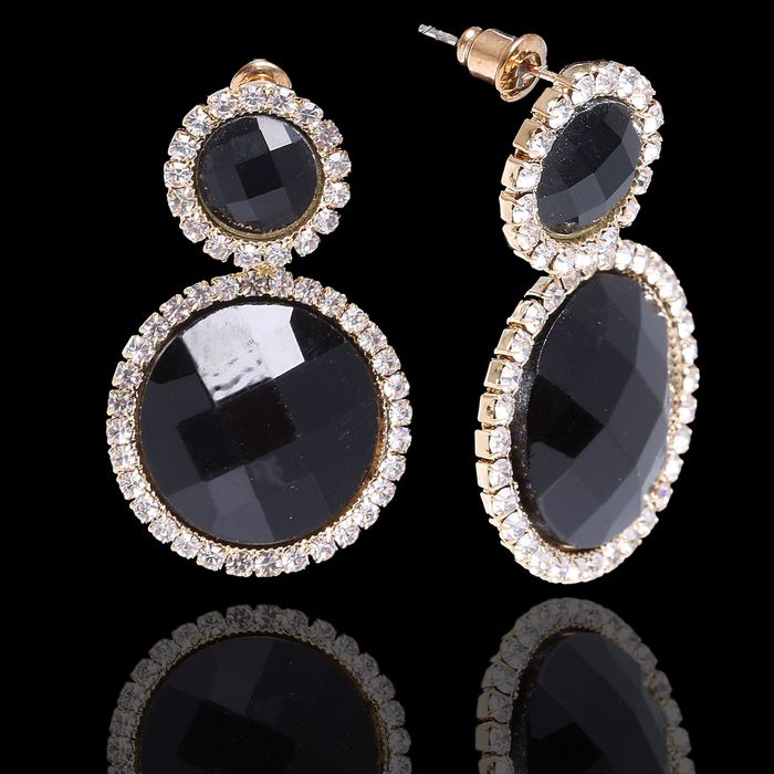 Серьги со стразами "Круги" деловая леди, цвет чёрный в золоте
