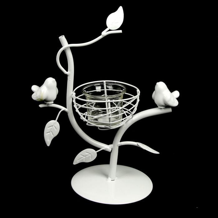 Подсвечник металл 1 свеча "Птичка на дереве с гнездом" белый 26х20х12 см