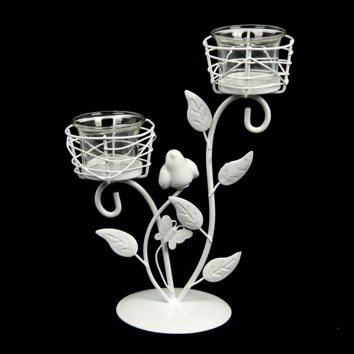 Подсвечник металл 2 свечи "Птичка на дереве" белый 24,5х19х10 см