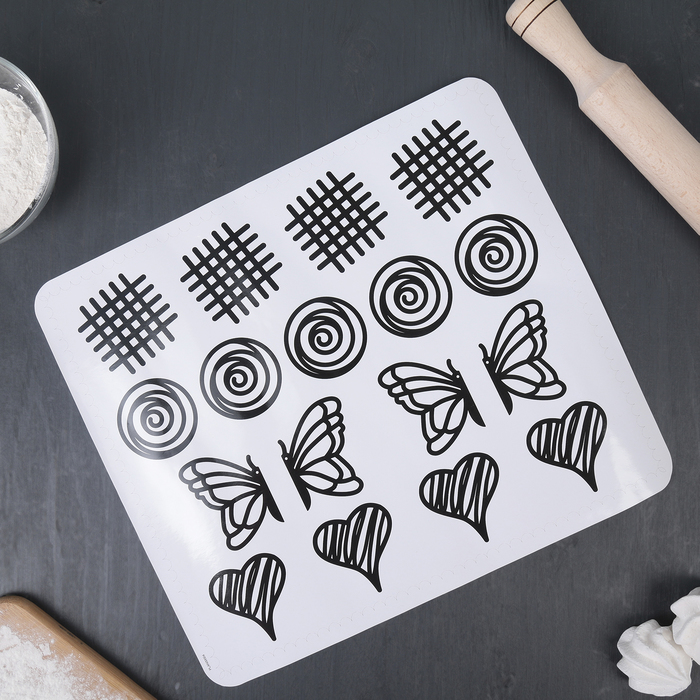 Набор кондитерский для айсинга, 9 предметов: 4 трафарета, коврик, кондитерский мешок, 3 насадки