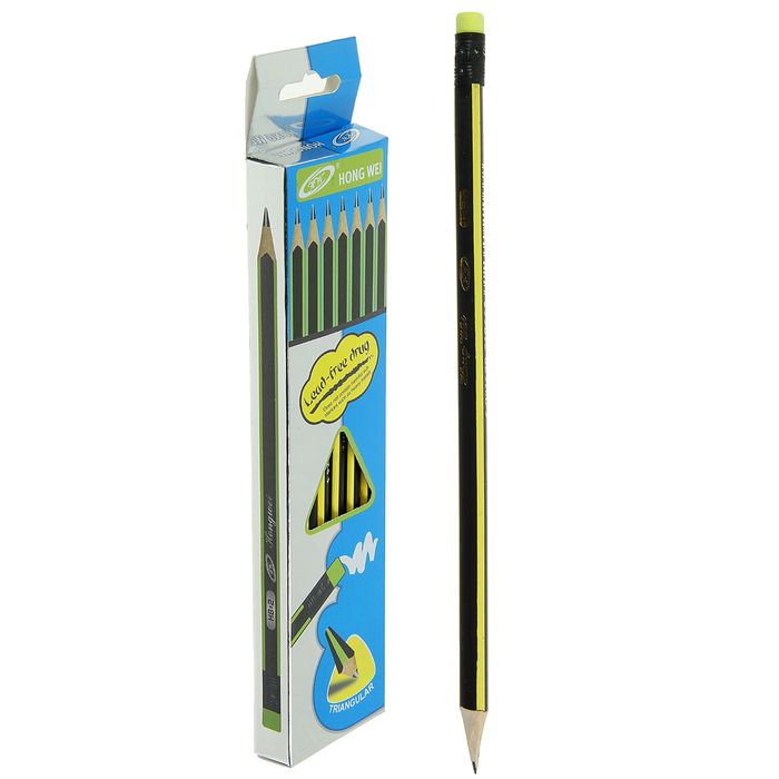 Карандаш ч/г с ластиком НВ корпус треугольный заточенный желтый с черными полосками