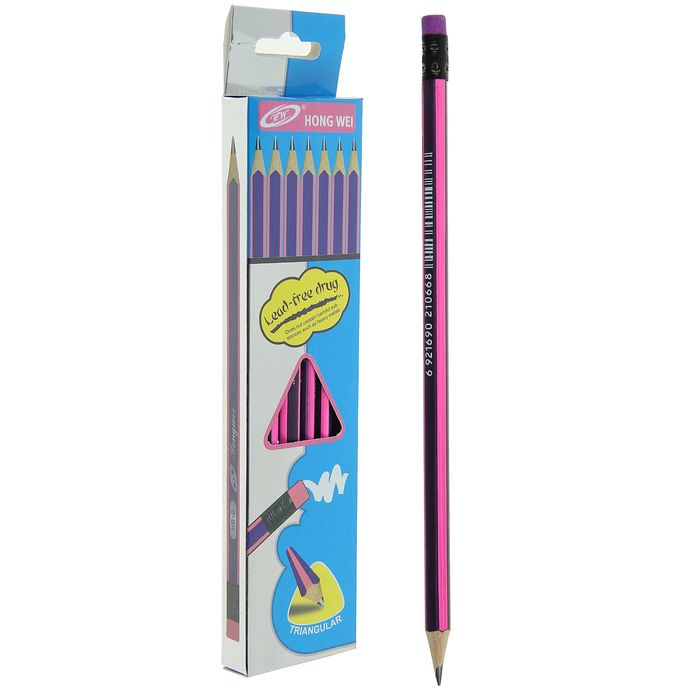 Карандаш чернографитный с ластиком НВ корпус треугольный заточенный фиолетовый с розовыми полосками