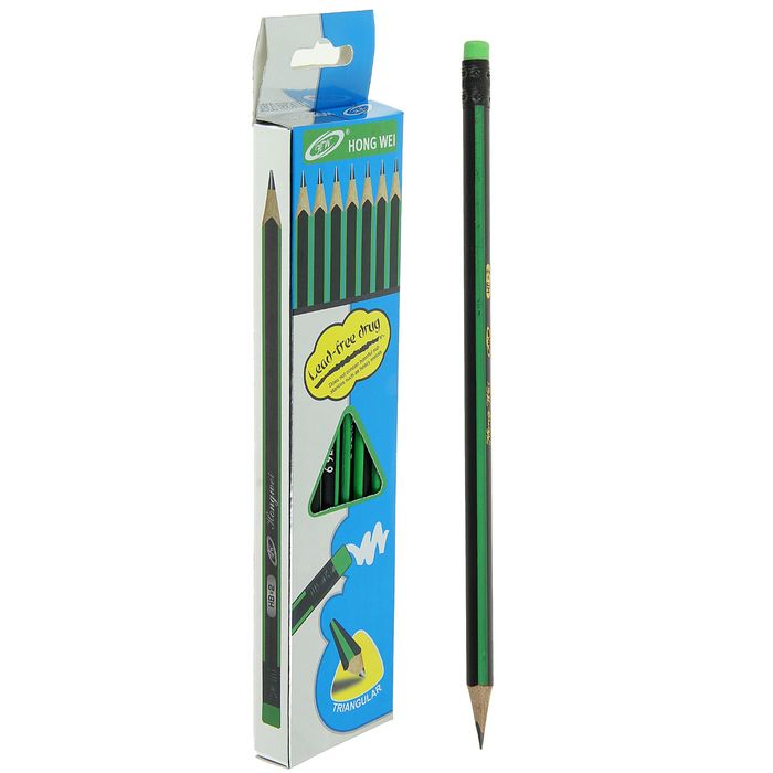 Карандаш чернографитный с ластиком НВ корпус треугольный заточенный зеленый с черными полосками