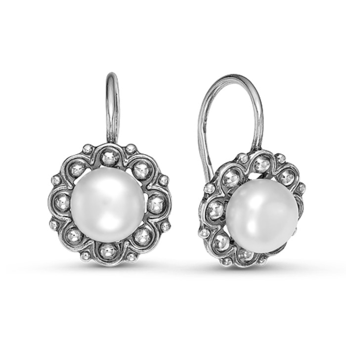 Серьги "Цветочная нежность" жемчуг, посеребрение с оксидированием