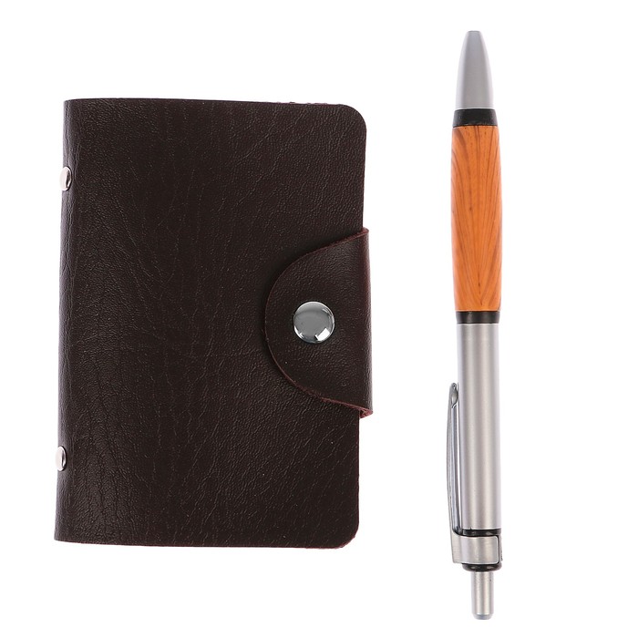 набор подарочный 2в1 в дерев.коробке (ручка+визитница на12 визиток) коричневый16*11см УЦЕНКА