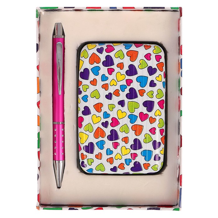 Набор подарочный 2в1 в коробке (ручка+визитница) "Сердечки" 17х12,5х2,8 см УЦЕНКА