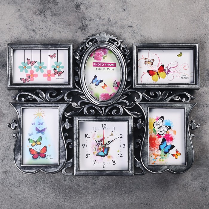 Часы настенные хайтек+5 фоторамок Узоры,черная патина (фото 10х15-5шт) 36*48см