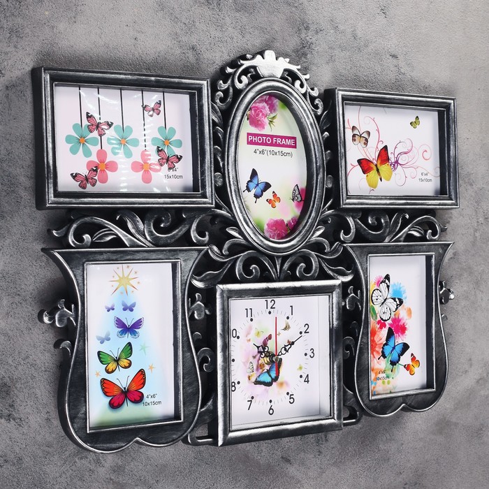 Часы настенные хайтек+5 фоторамок Узоры,черная патина (фото 10х15-5шт) 36*48см