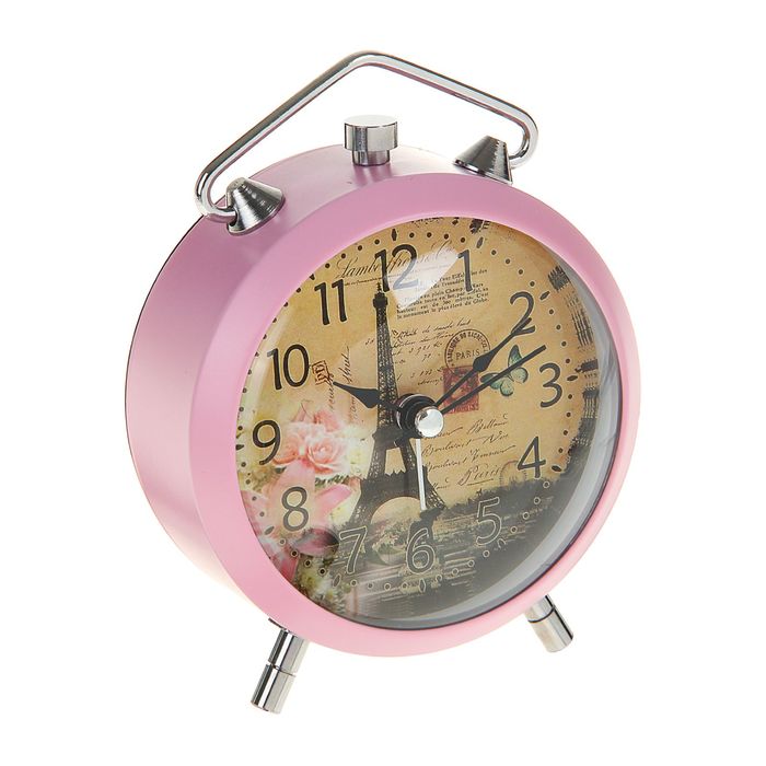 Будильник, серия Ева, d=9см, розовый, на циферблате Эйфелева башня