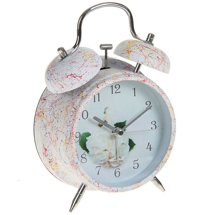 Будильник d=11,5см, крем с разводами, на циферблате Цветы белые