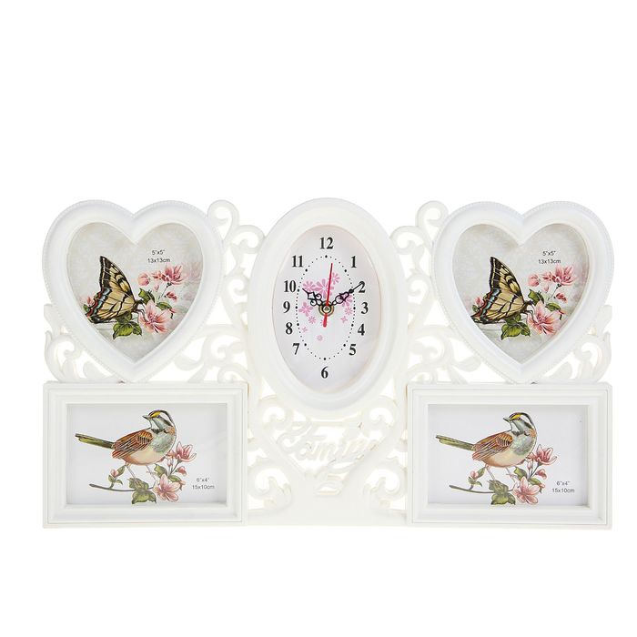 Часы настенные Family, ажур, белые + 4 фоторамки: 13 × 13 см (2 шт.) и 10 × 15 см (2 шт.)