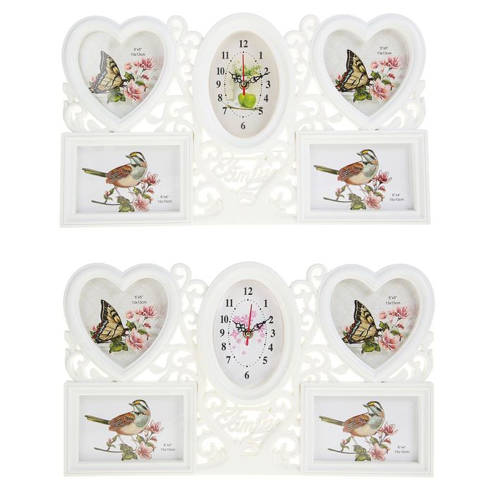 Часы настенные Family, ажур, белые + 4 фоторамки: 13 × 13 см (2 шт.) и 10 × 15 см (2 шт.)